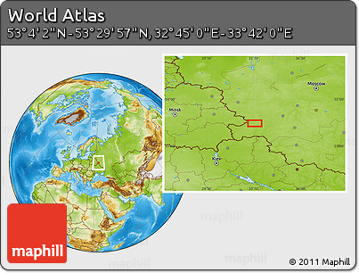 Physical Location Map of the Area around 53° 17' 0" N, 33° 13' 30" E