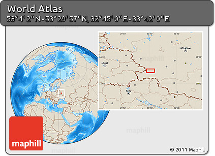 Shaded Relief Location Map of the Area around 53° 17' 0" N, 33° 13' 30" E