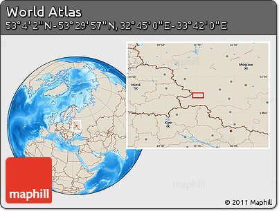 Shaded Relief Location Map of the Area around 53° 17' 0" N, 33° 13' 30" E