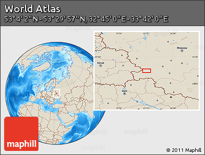 Shaded Relief Location Map of the Area around 53° 17' 0" N, 33° 13' 30" E