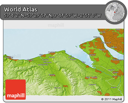 Physical 3D Map of the Area around 53° 17' 0" N, 3° 19' 30" W
