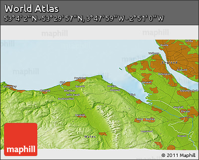 Physical 3D Map of the Area around 53° 17' 0" N, 3° 19' 30" W