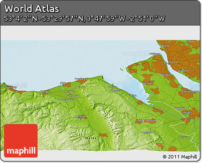 Physical 3D Map of the Area around 53° 17' 0" N, 3° 19' 30" W