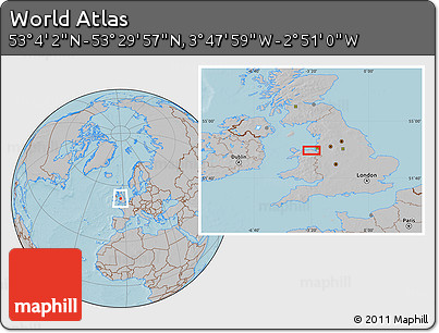 Gray Location Map of the Area around 53° 17' 0" N, 3° 19' 30" W, hill shading