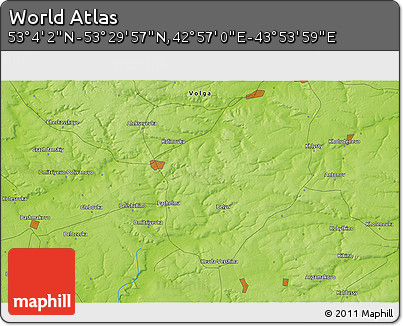 Physical 3D Map of the Area around 53° 17' 0" N, 43° 25' 29" E