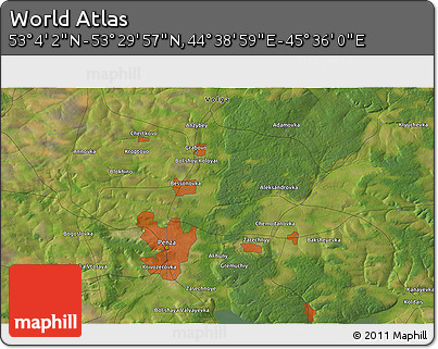 Satellite 3D Map of the Area around 53° 17' 0" N, 45° 7' 30" E