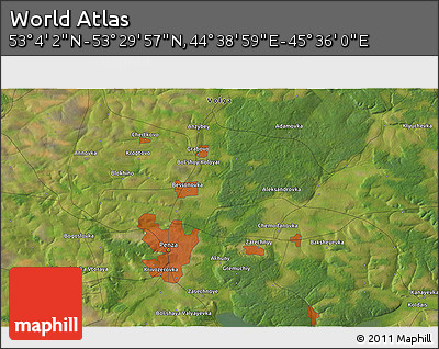 Satellite 3D Map of the Area around 53° 17' 0" N, 45° 7' 30" E
