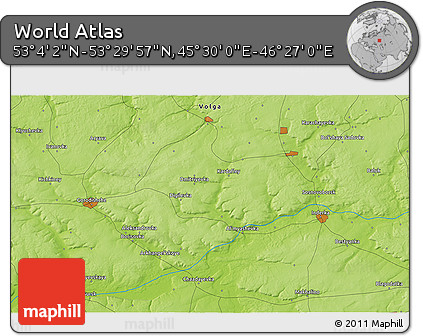 Physical 3D Map of the Area around 53° 17' 0" N, 45° 58' 30" E