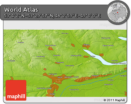 Physical 3D Map of the Area around 53° 17' 0" N, 48° 31' 29" E
