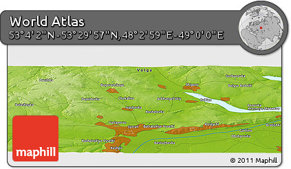 Physical Panoramic Map of the Area around 53° 17' 0" N, 48° 31' 29" E