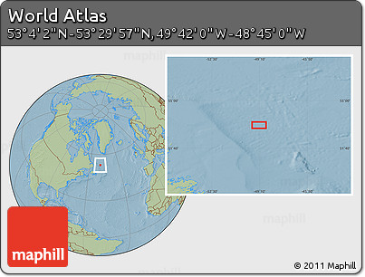Savanna Style Location Map of the Area around 53° 17' 0" N, 49° 13' 30" W, hill shading