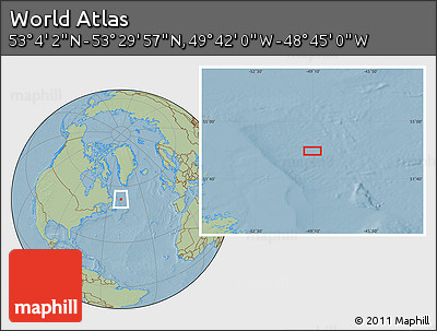 Savanna Style Location Map of the Area around 53° 17' 0" N, 49° 13' 30" W, hill shading
