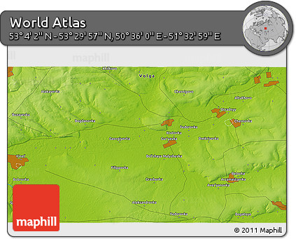 Physical 3D Map of the Area around 53° 17' 0" N, 51° 4' 30" E
