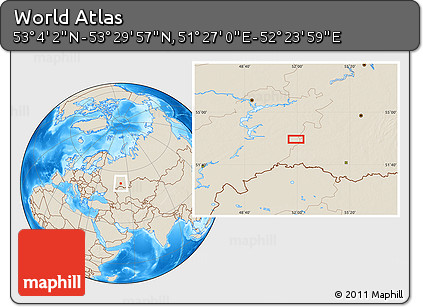 Shaded Relief Location Map of the Area around 53° 17' 0" N, 51° 55' 29" E