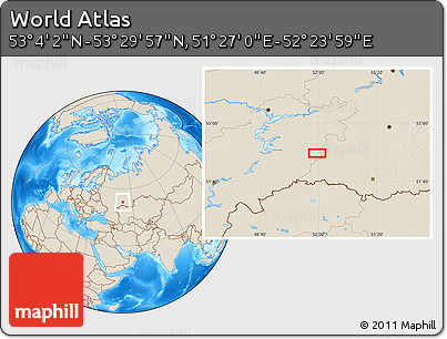 Shaded Relief Location Map of the Area around 53° 17' 0" N, 51° 55' 29" E