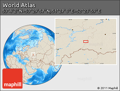 Shaded Relief Location Map of the Area around 53° 17' 0" N, 51° 55' 29" E