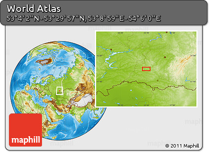 Physical Location Map of the Area around 53° 17' 0" N, 53° 37' 30" E