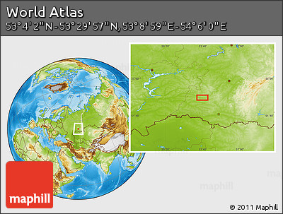Physical Location Map of the Area around 53° 17' 0" N, 53° 37' 30" E