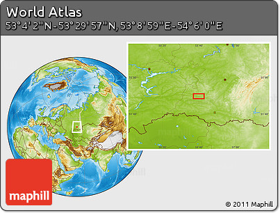 Physical Location Map of the Area around 53° 17' 0" N, 53° 37' 30" E