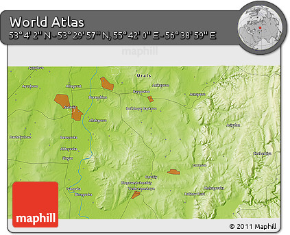 Physical 3D Map of the Area around 53° 17' 0" N, 56° 10' 29" E