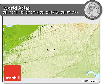 Physical 3D Map of the Area around 53° 17' 0" N, 59° 25' 29" W