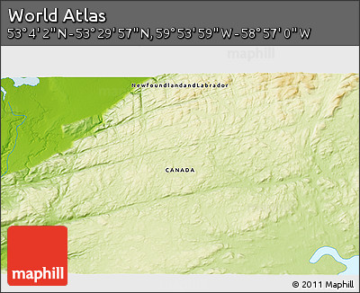 Physical 3D Map of the Area around 53° 17' 0" N, 59° 25' 29" W