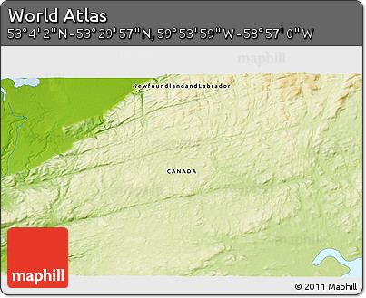 Physical 3D Map of the Area around 53° 17' 0" N, 59° 25' 29" W