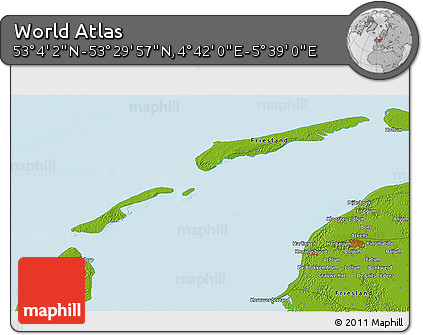 Physical 3D Map of the Area around 53° 17' 0" N, 5° 10' 30" E