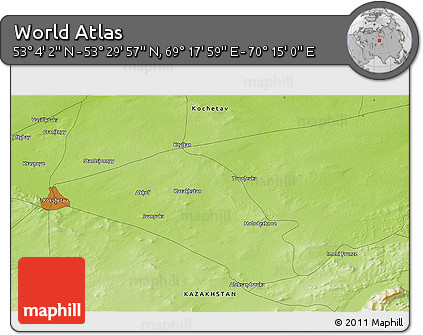 Physical 3D Map of the Area around 53° 17' 0" N, 69° 46' 30" E