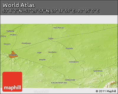 Physical 3D Map of the Area around 53° 17' 0" N, 69° 46' 30" E