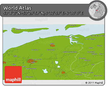 Physical 3D Map of the Area around 53° 17' 0" N, 6° 1' 30" E