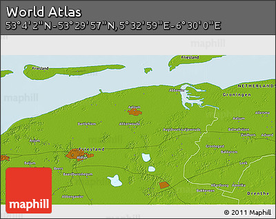 Physical 3D Map of the Area around 53° 17' 0" N, 6° 1' 30" E