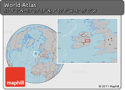 Gray Location Map of the Area around 53° 17' 0" N, 6° 43' 29" W, hill shading