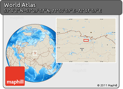 Shaded Relief Location Map of the Area around 53° 17' 0" N, 72° 19' 29" E