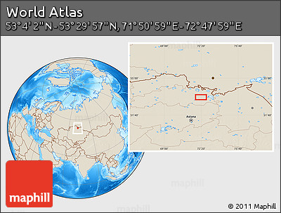 Shaded Relief Location Map of the Area around 53° 17' 0" N, 72° 19' 29" E