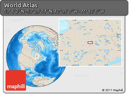 Shaded Relief Location Map of the Area around 53° 17' 0" N, 72° 10' 30" W