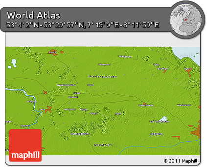 Physical 3D Map of the Area around 53° 17' 0" N, 7° 43' 29" E