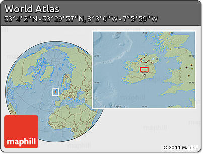 Savanna Style Location Map of the Area around 53° 17' 0" N, 7° 34' 30" W, hill shading