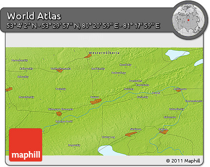 Physical 3D Map of the Area around 53° 17' 0" N, 80° 49' 29" E