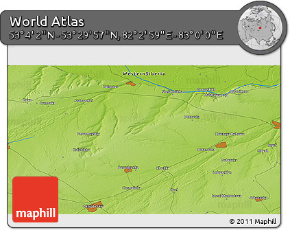 Physical 3D Map of the Area around 53° 17' 0" N, 82° 31' 30" E