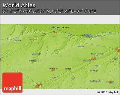 Physical 3D Map of the Area around 53° 17' 0" N, 82° 31' 30" E