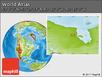 Physical Location Map of the Area around 53° 17' 0" N, 83° 13' 29" W