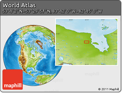 Physical Location Map of the Area around 53° 17' 0" N, 83° 13' 29" W