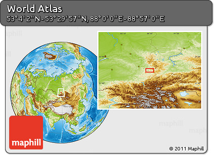 Physical Location Map of the Area around 53° 17' 0" N, 88° 28' 29" E