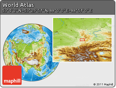 Physical Location Map of the Area around 53° 17' 0" N, 88° 28' 29" E