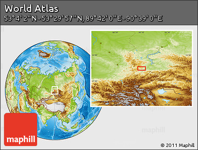 Physical Location Map of the Area around 53° 17' 0" N, 90° 10' 30" E