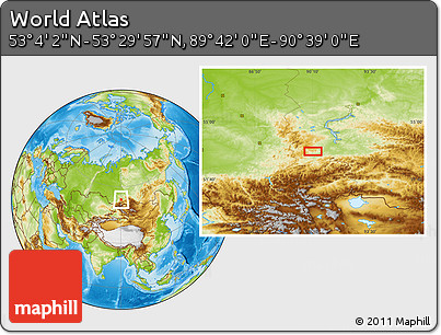 Physical Location Map of the Area around 53° 17' 0" N, 90° 10' 30" E