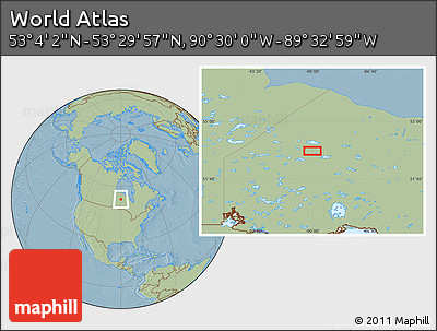 Savanna Style Location Map of the Area around 53° 17' 0" N, 90° 1' 30" W, hill shading