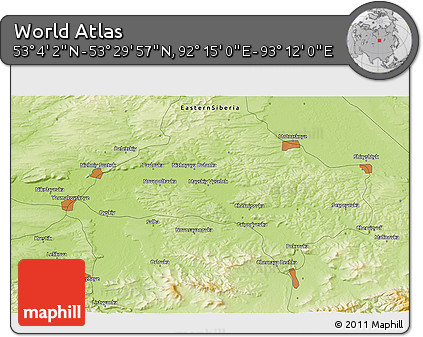 Physical 3D Map of the Area around 53° 17' 0" N, 92° 43' 29" E