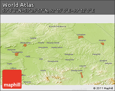 Physical 3D Map of the Area around 53° 17' 0" N, 92° 43' 29" E